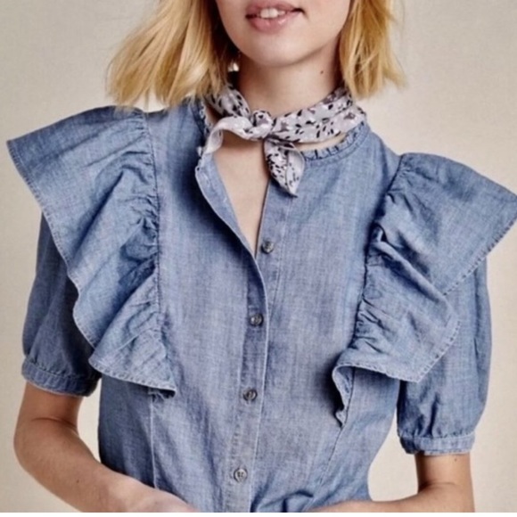 CITIZENS OF HUMANITY Jolene Ruffle Button Down Chambray Top Shirt Blouse - Picture 1 of 9